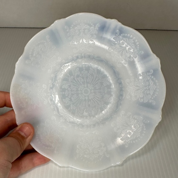 3 Elegant American Sweetheart Monax White Opalescent Glass 6" Tea Cup Saucers - Picture 2 of 16